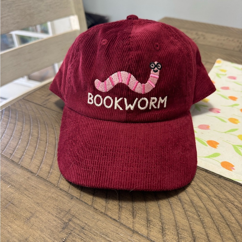 Bookworm Embroidered Corduroy Hat - Burgundy with Pink Worm